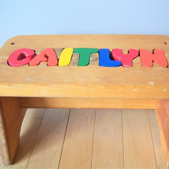 Vintage Personalized Name Kids Puzzle Stool. Kids Wooden Stool. Caitlyn Stool. - Picture 2 of 5